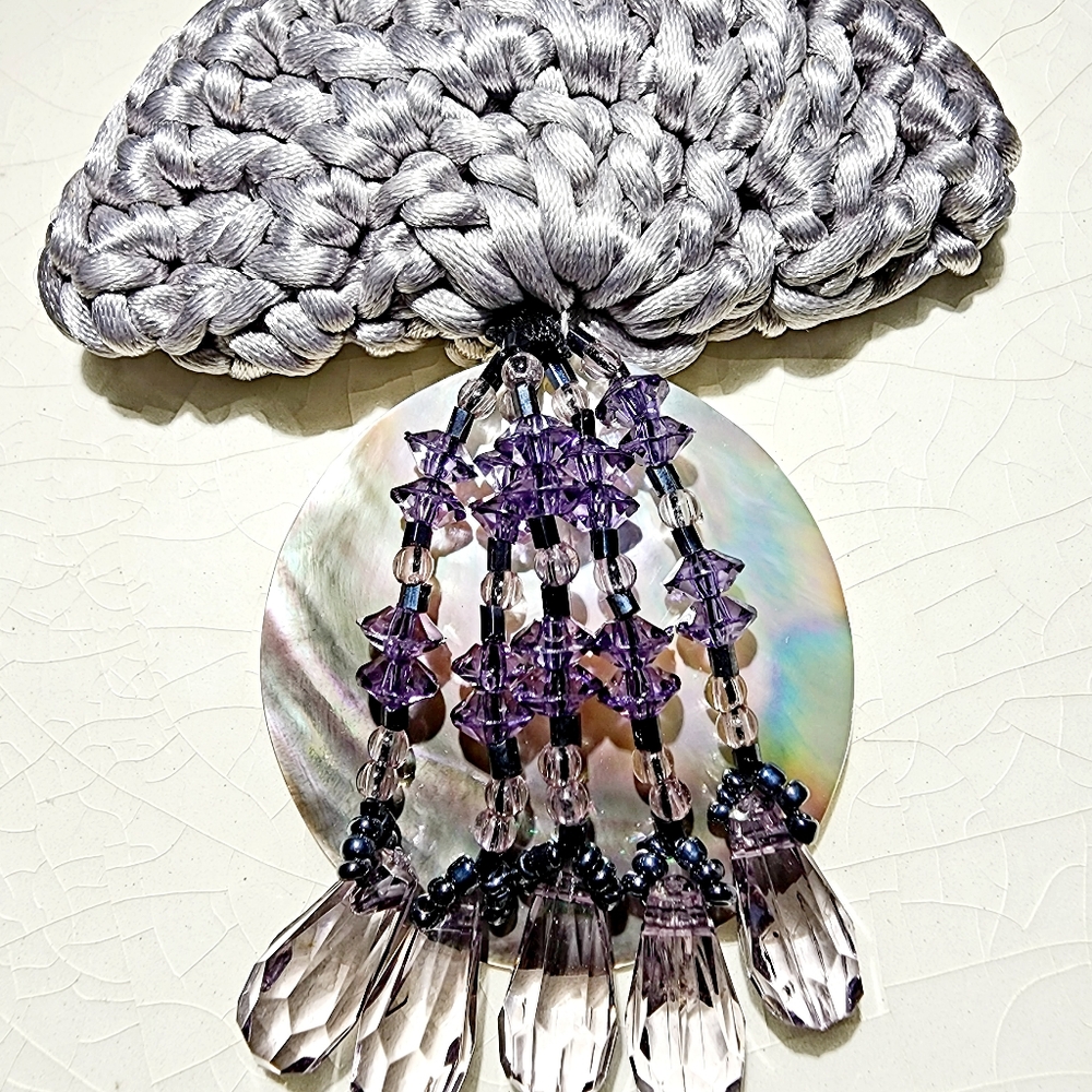 Periwinkle soft grey shell brooch  cascading faceted beads iridescent crochet - Picture 2 of 8